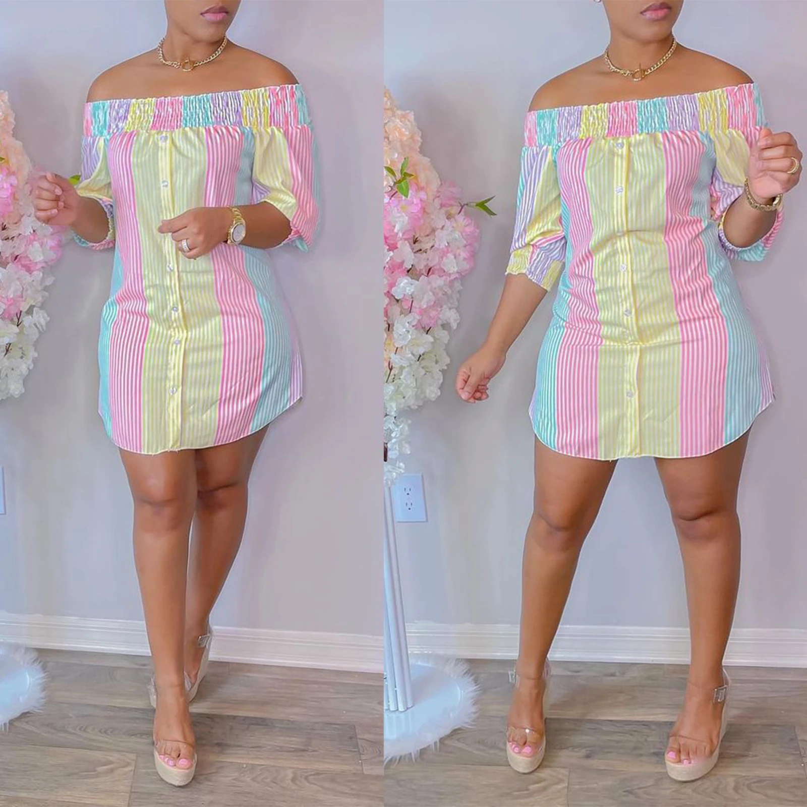 

Женское платье с цветными вставками, платье в полоску с открытыми плечами и рукавом до локтя для взрослых, 2021