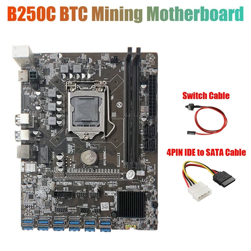 

B250C Mining Motherboard with 4PIN IDE To SATA Cable+Switch Cable 12 PCIE To USB3.0 GPU Slot LGA1151 Support DDR4 RAM