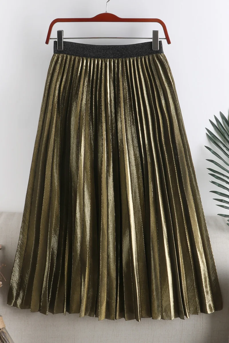 

2020 Spring Summer New Retro High Waist Skirt Slimming Mid-Length Metallic Bright Silk Pleated Puffy Skirt Womens All-match