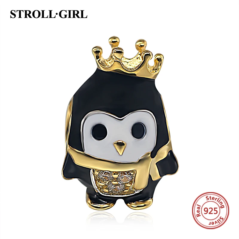 

Fine Cute 100% 925 Sterling Silver Enamel Crown Penguin Charm Beads Fit European Bracelet Pendant Original Jewelry Gift