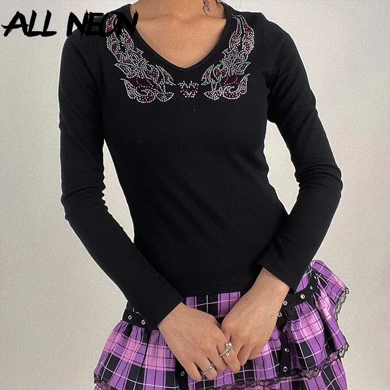 ALLNeon E girl уличная одежда с принтом крыла Стразы Футболки длинным рукавом Mall Goth Y2K V