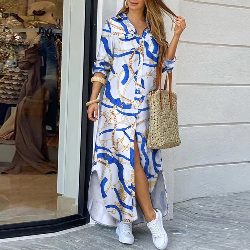 

Women's Dress 2021 Long Sleeve Shirt Dress Women Autumn Printed Long Dresses Laides Turn-down Collar Loose Sundress Party Dresse