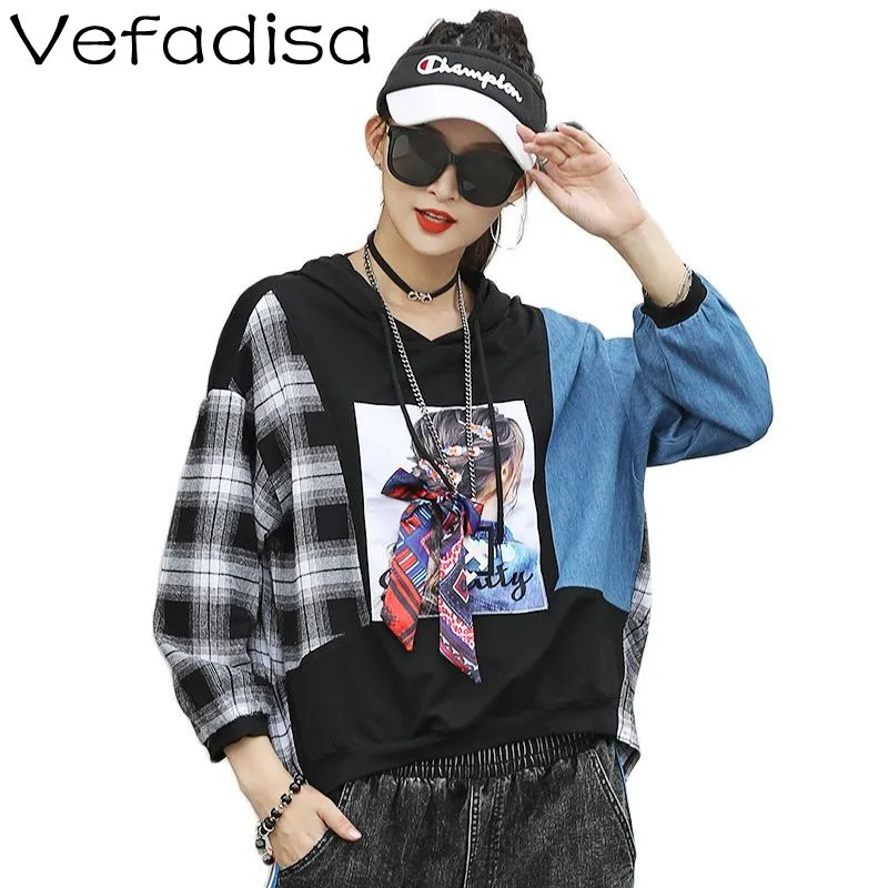 

Vefadisa 2021 Spring And Autumn New Women Clothing Personalized Stitching Hooded Sweatshirt Hit Color Loose Sweatshirt TT077