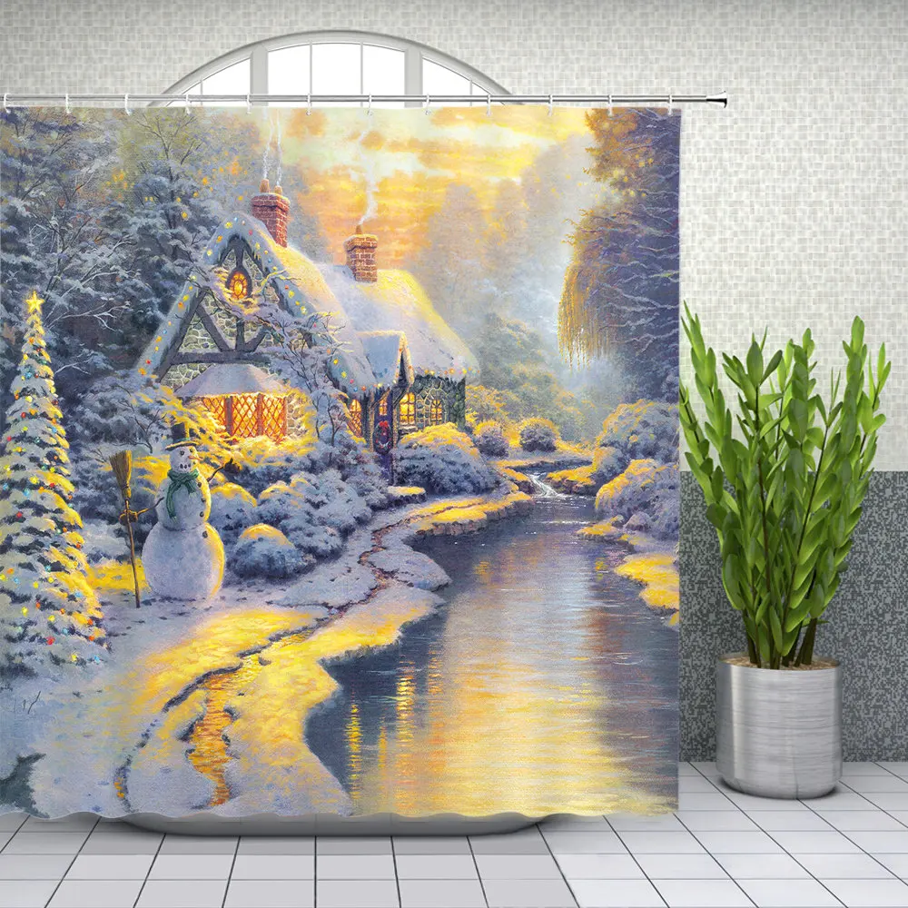 

Retro Style Oil Painting Landscape Shower Curtains Natural Scenery Themed Bathroom Decor Waterproof Polyester Fabric Curtain Set