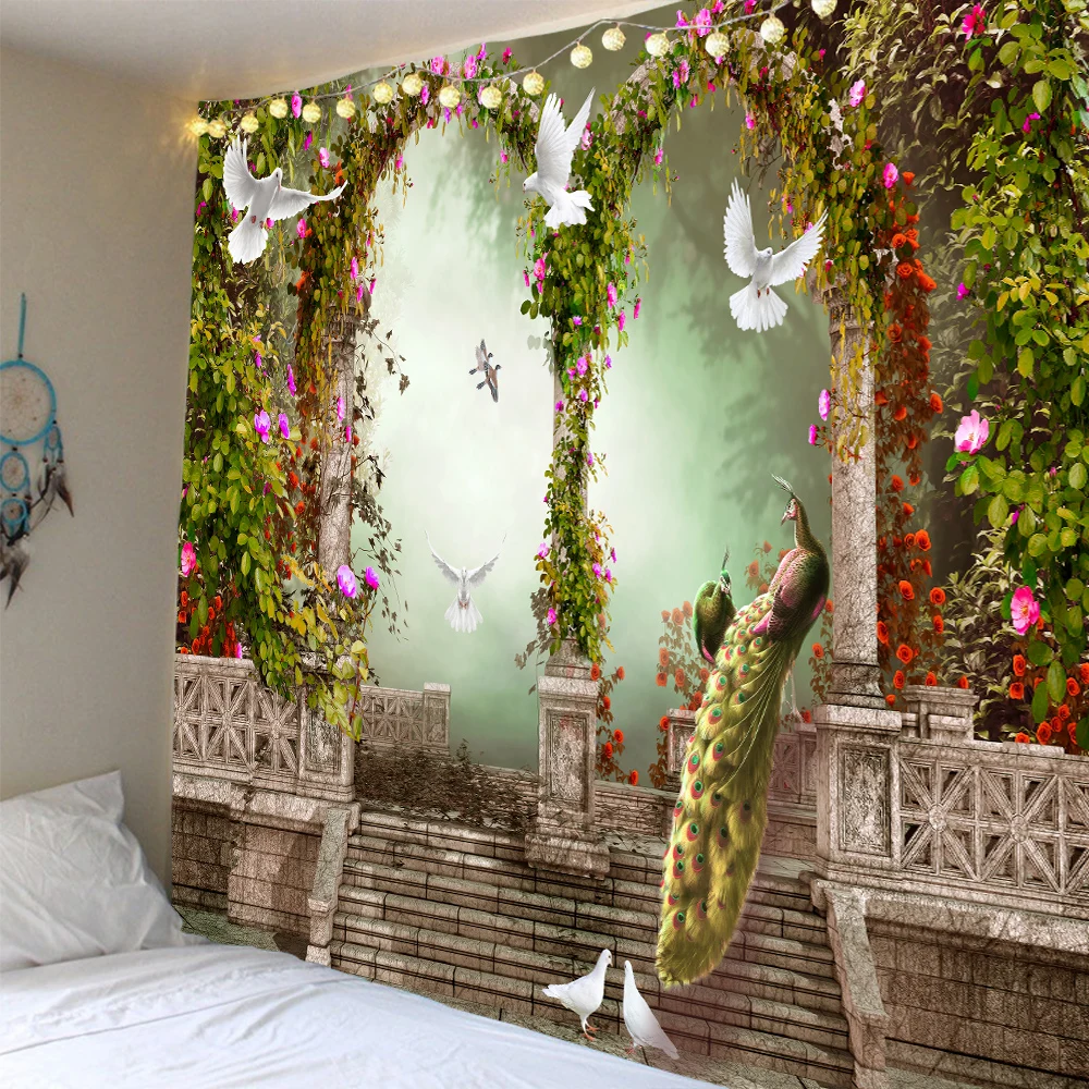 Гобелен с павлином настенный декоративный гобелен в стиле бохо римская колонна
