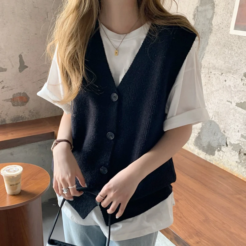 Women Autumn Winter 2021 Sleeveless Waistcoat Knitted Cardigan Sweater Vest Solid Knit Cardigans Loose Cashmere Tops 16658 |
