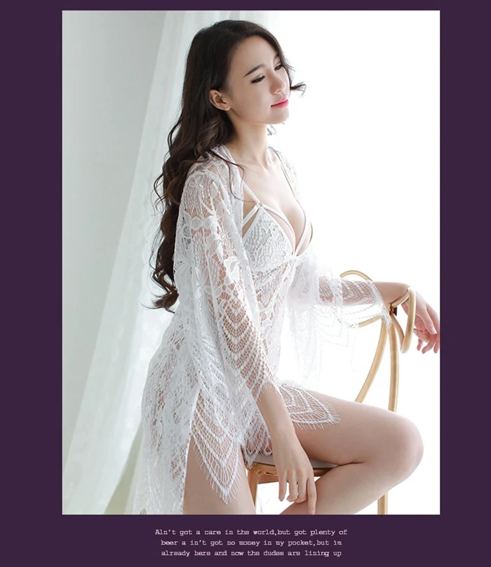 Lace Pajama Set Transparent Lingerie Women Night Gown Babydoll Robe Set Women hollow Femme Sleepwear sexy lingerie mini dress