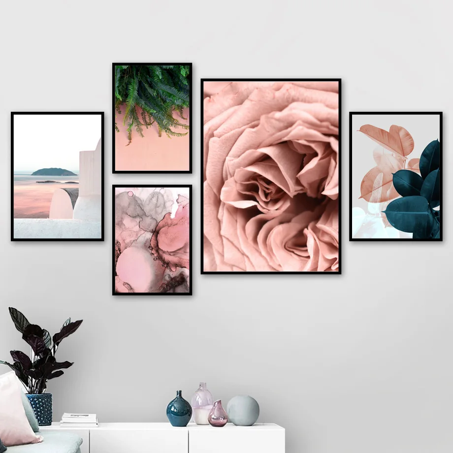 

Peony Fresh Leaf Wall Art Canvas Painting Pink Seascape Nordic Posters And Prints Abstract Wall Pictures For Living Room Decor