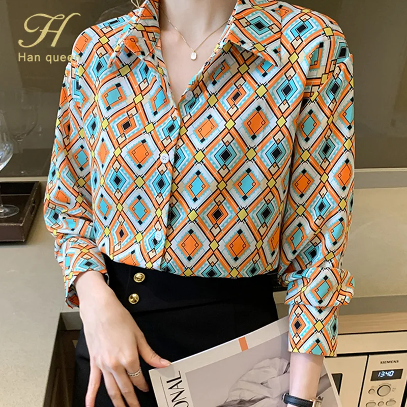 H Han Queen Autumn Print Women Blouses Vintage Ladies Tops Chiffon Blouse Long Sleeve Casual Female Work Wear Office Shirts 2021 | Женская
