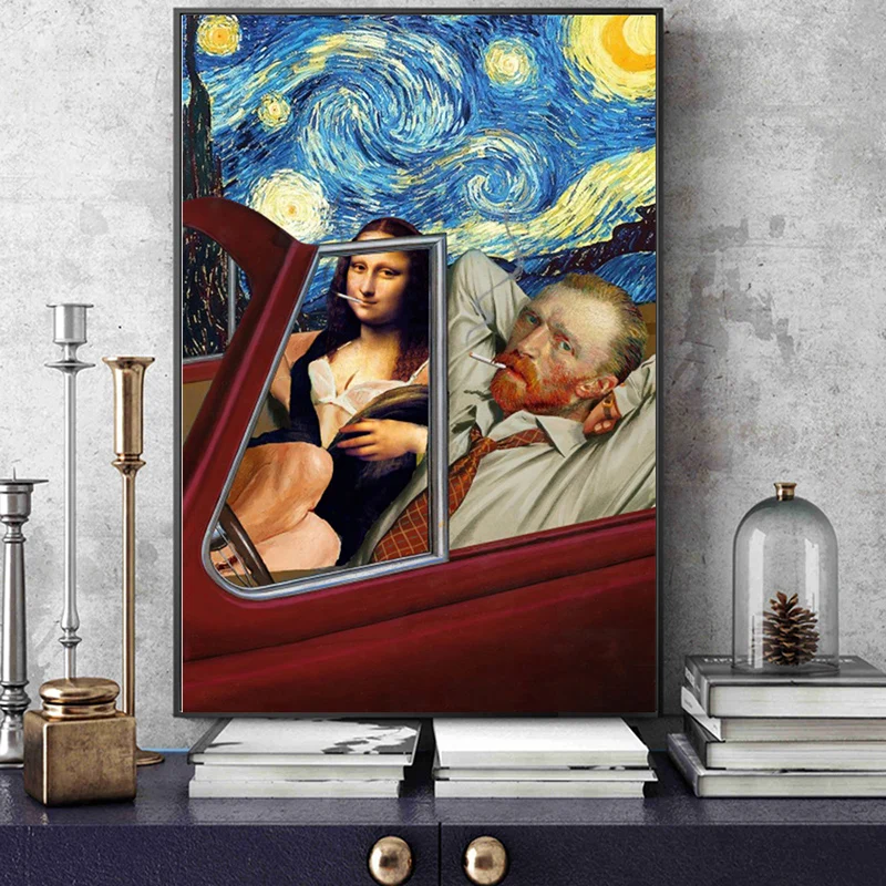 

Funny Art Van Gogh and Mona Lisa Driving Canvas Posters Abstract Smoking Oil Paintings on Canvas Wall Pictures Home Wall Decor