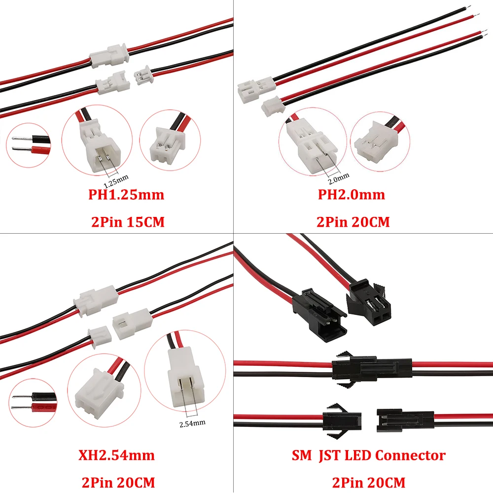5Pair Mini 2Pin 1.25mm / PH 2.0mm / XH 2.54mm / SM JST Male Plug Female Jack Socket DIY Electrical Wire Terminal Cable Connector images - 6