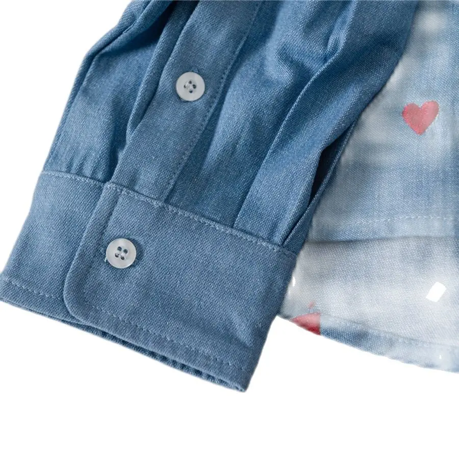 

Embroidery Heart Denim Shirt Woman Long Sleeve Loose Casual Offfice Lady Shirts Chic Elegant 2021 Camisas Mujer Blouse Tops