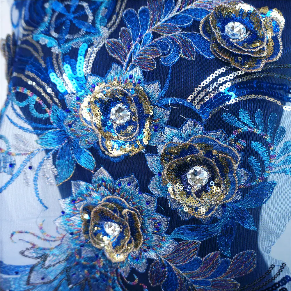 130 см Королевский синий Феникс Павлин кружевная ткань Блестки цветок Стразы