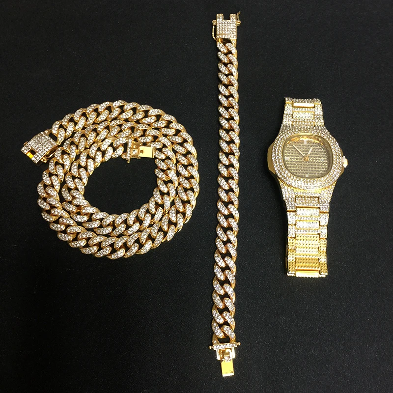 3pcs set Gold Золотое ожерелье+ часы+ браслет в стиле хип-хоп, кубинская цепочка в стиле «Майями», вымощенные стразы, CZ Bling Rapper для Мужчин, Ювелирные изделия - Окраска металла: 3pcs set Gold