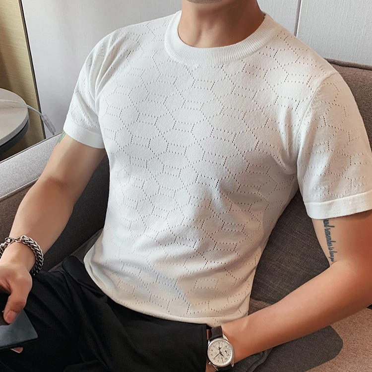 

Brand Knitted Plaid T Shirt Men Summer Short Sleeve O-neck Tops Tees British Style Slim Fit Casual T Shirts Streetwear Clothes