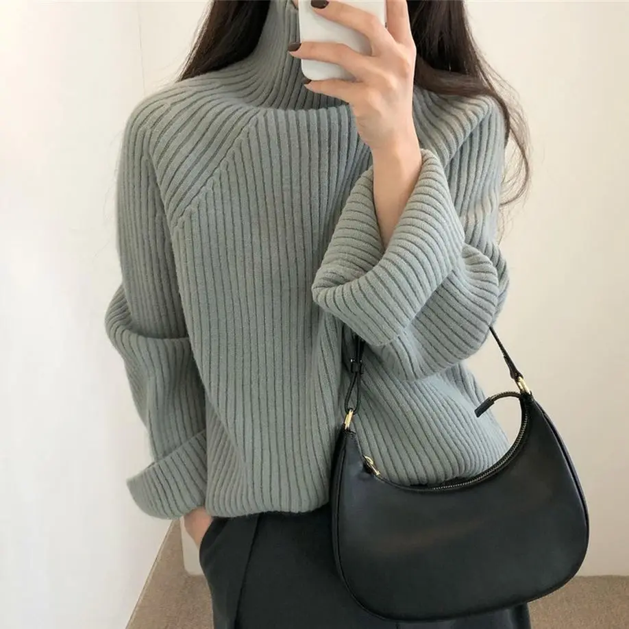 

PLAMTEE Women Sweaters Flare Sleeve Solid 2022 Bottoming Turtleneck All Match Knitwear OL Spring Office Lady Pullover Jumpers