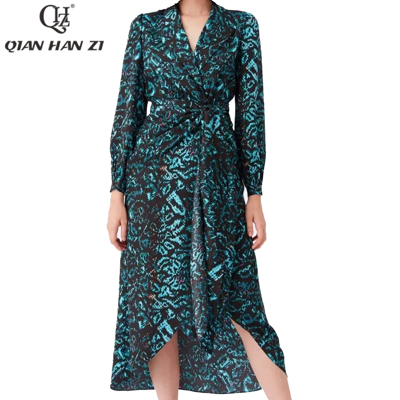 

Qian Han Zi 2021 runway fashion silk summer dress Women's long sleeve bow slim vintage pattern printing High Split dress
