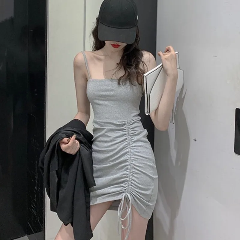 

Women's Summer Elegant Sling Dress Sexy Korean Style Spaghetti Strap Ruched Drawstring Bodycon Solid Vestidos 2021