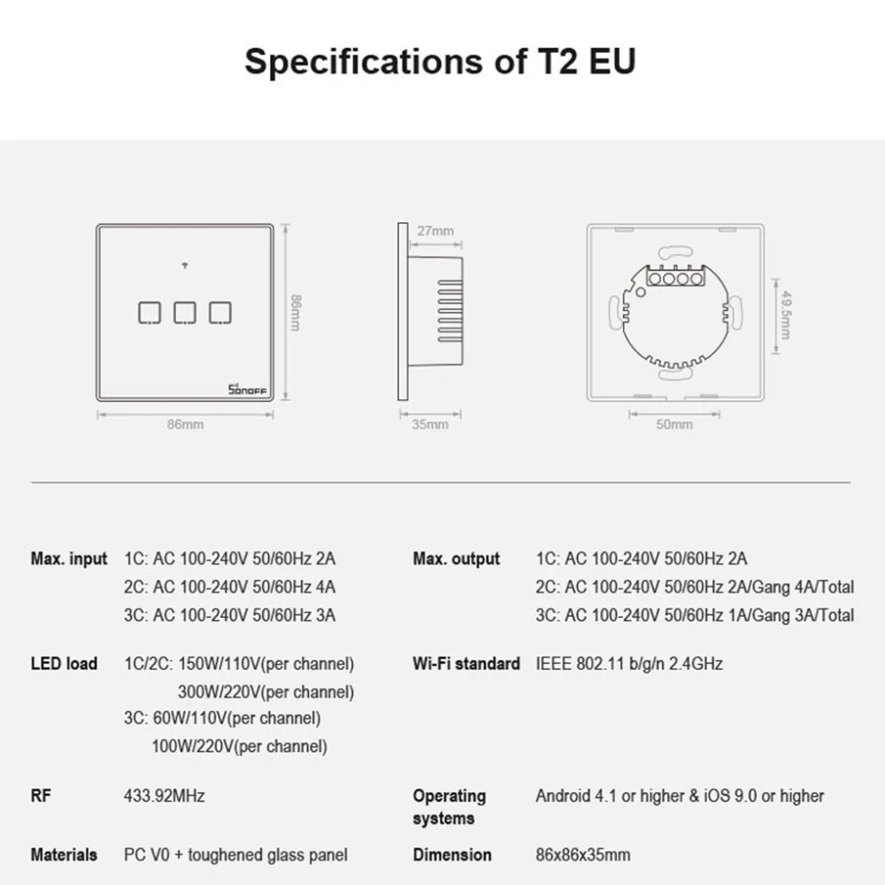 Интеллектуальный выключатель света SONOFF T2EU TX Smart Wi-Fi настенный сенсорный выключатель с границы умный дом 1/2/3 433 RF/Голосовое управление/приложение/сенсорный экран Cwhontrol работать с Alexa