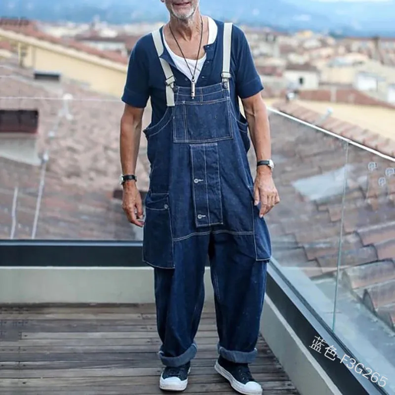 Джинсовый комбинезон мужской Длинные однотонные свободные штаны с карманами