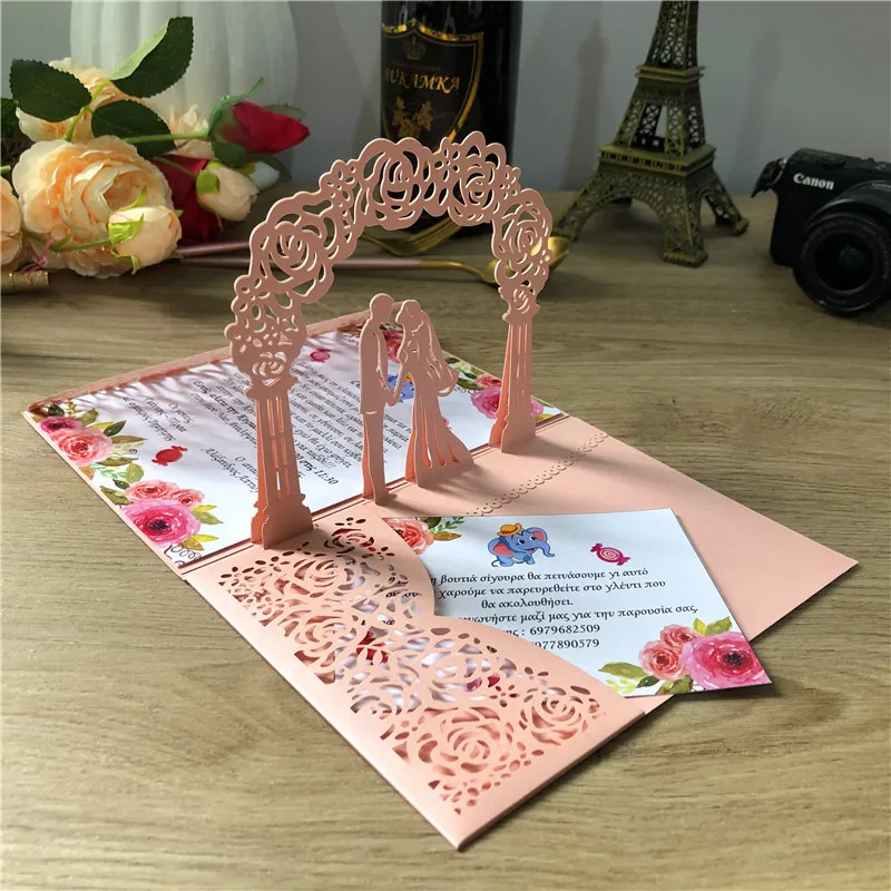

50 шт. романтическое розовое 3D Свадебное приглашение, фотороза, лазерная вырезка, полый тройного сложения, карман для юбилея, ужина, вечеринк...