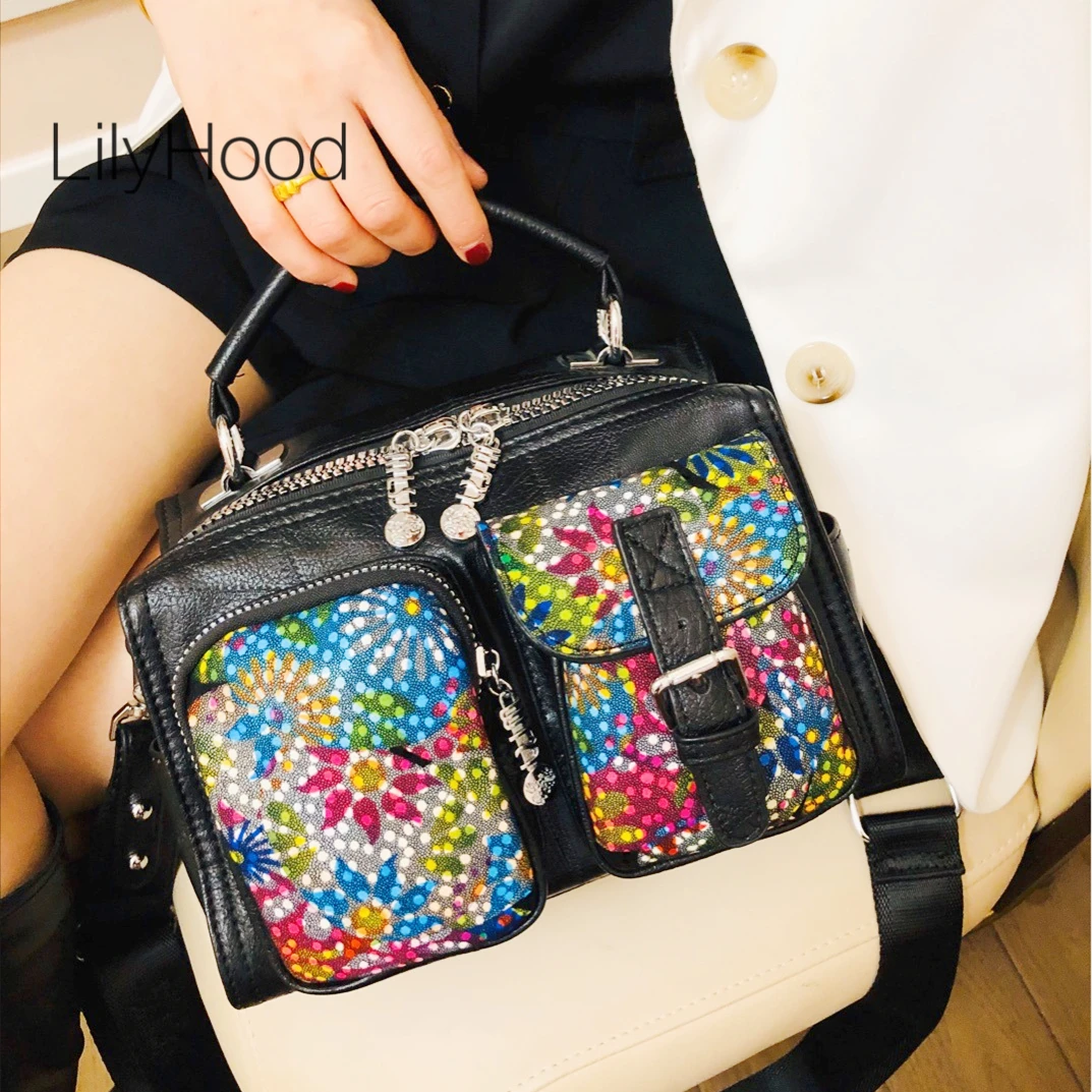 

Women Vegan Leather Multi-color Floral Messenger Bag Female Fashion PU Leather Pockets Everyday Black Satchel Crossbody Bag