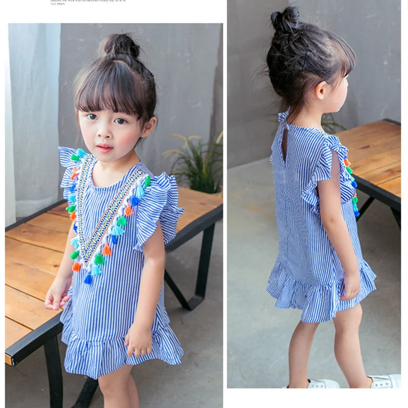 2019 г. Платье с кисточками Летние Детские платья летящими рукавами для