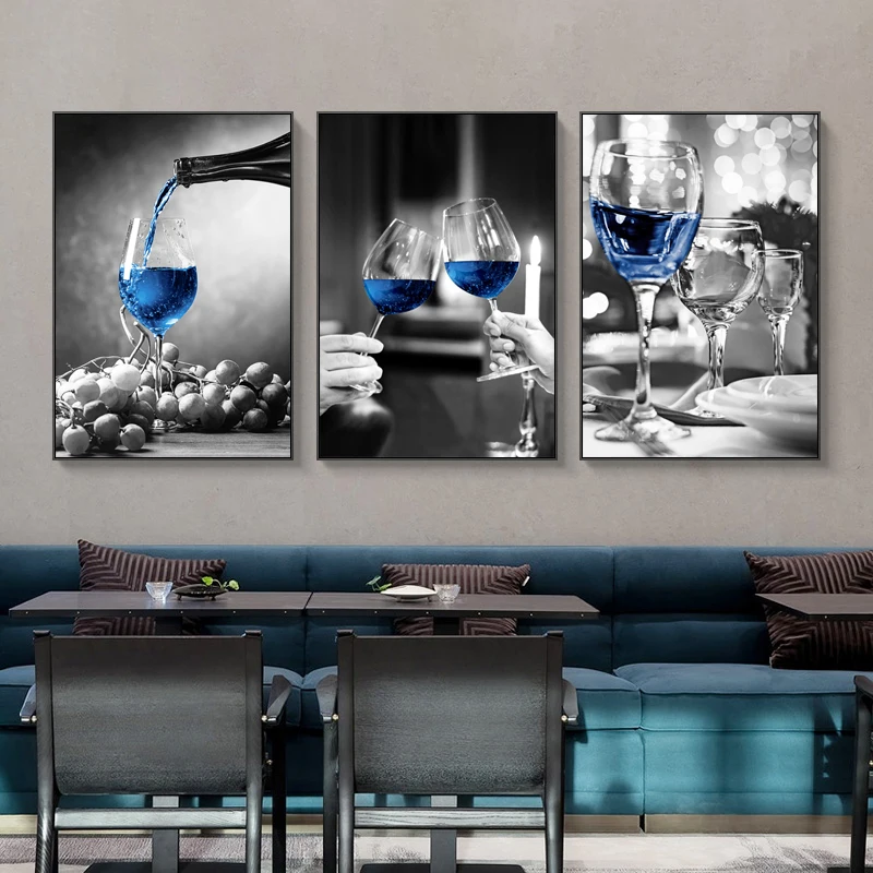 

Vintage Black And White Wine Glass Canvas Poster Printings Champagne Blue Wall Picture For Living Room Home Decor Unframed