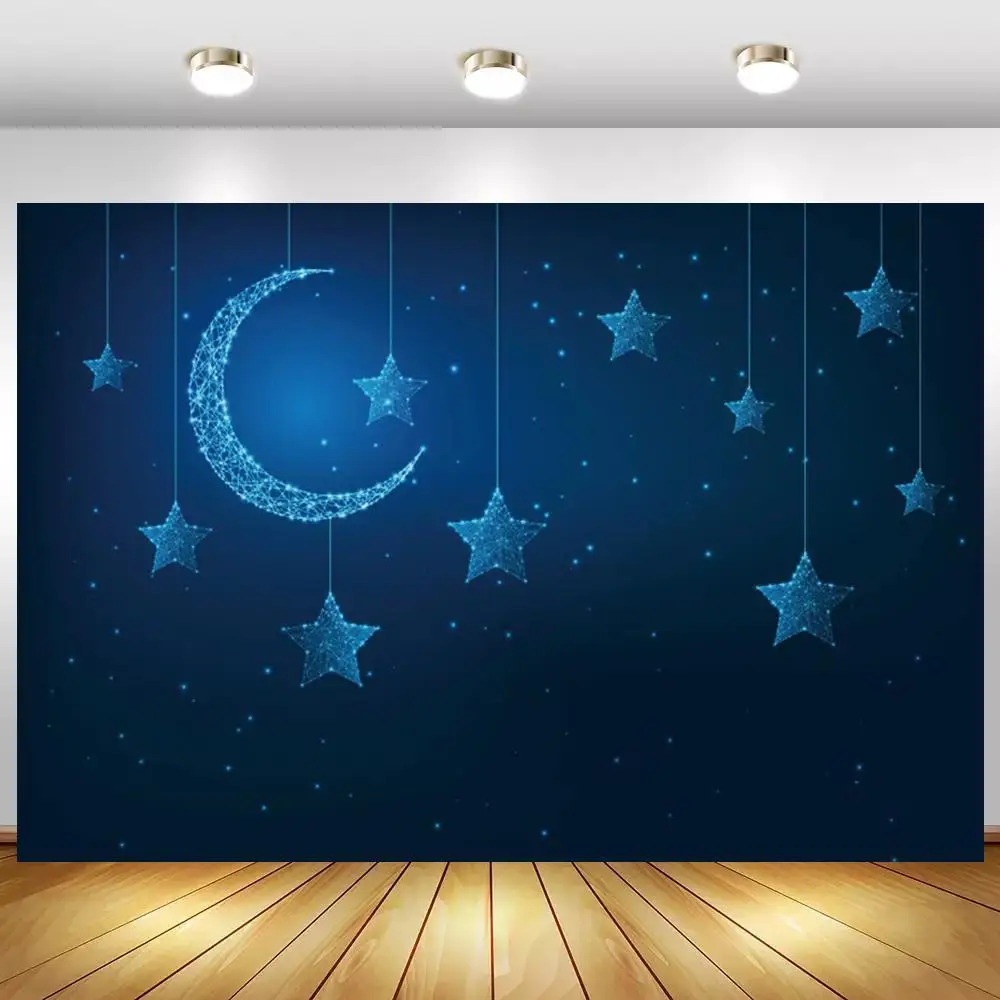 

Dark Blue Glitter Stars Moon Newborn Baby Shower Photo Background Night Sky Kids 1st Birthday Party Backdrops Vinyl Poster Decor