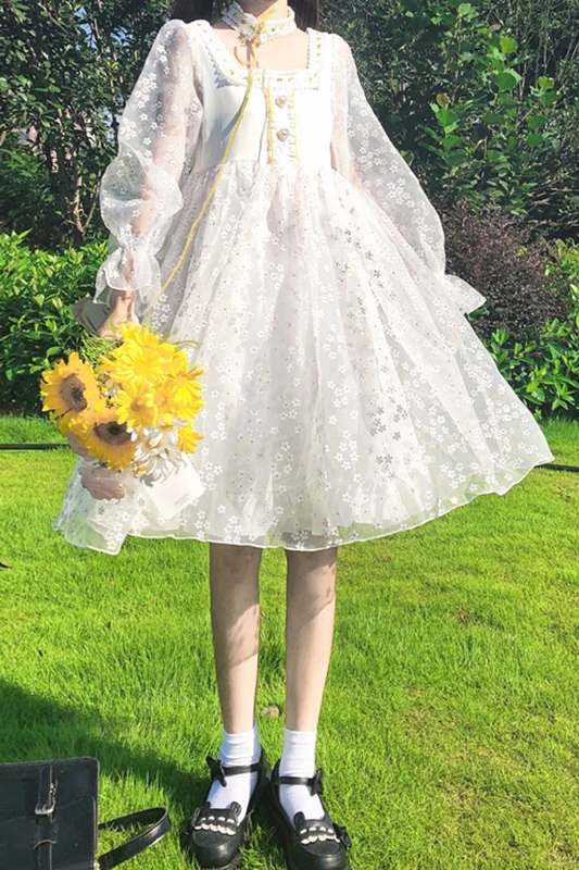 

New Japanese Square Collar High Waist Slim Long Sleeve Mesh Dress fairy dress tea party lolita dress sweet lolita doll
