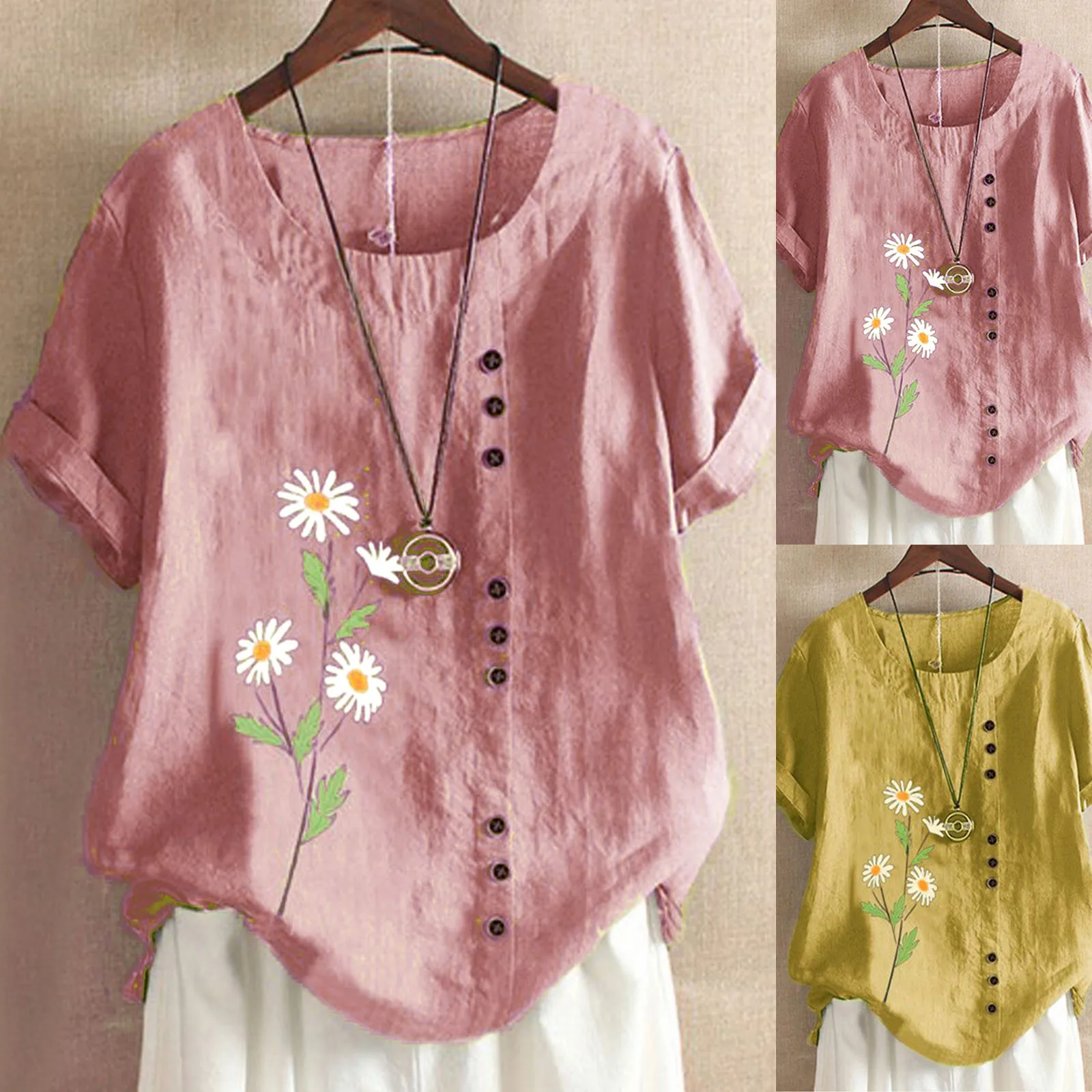 

Нечеткая Женская Повседневная Свободная рубашка с принтом, коротким рукавом, круглым вырезом и пуговицами, топ, блузка, Свитера, топы для же...