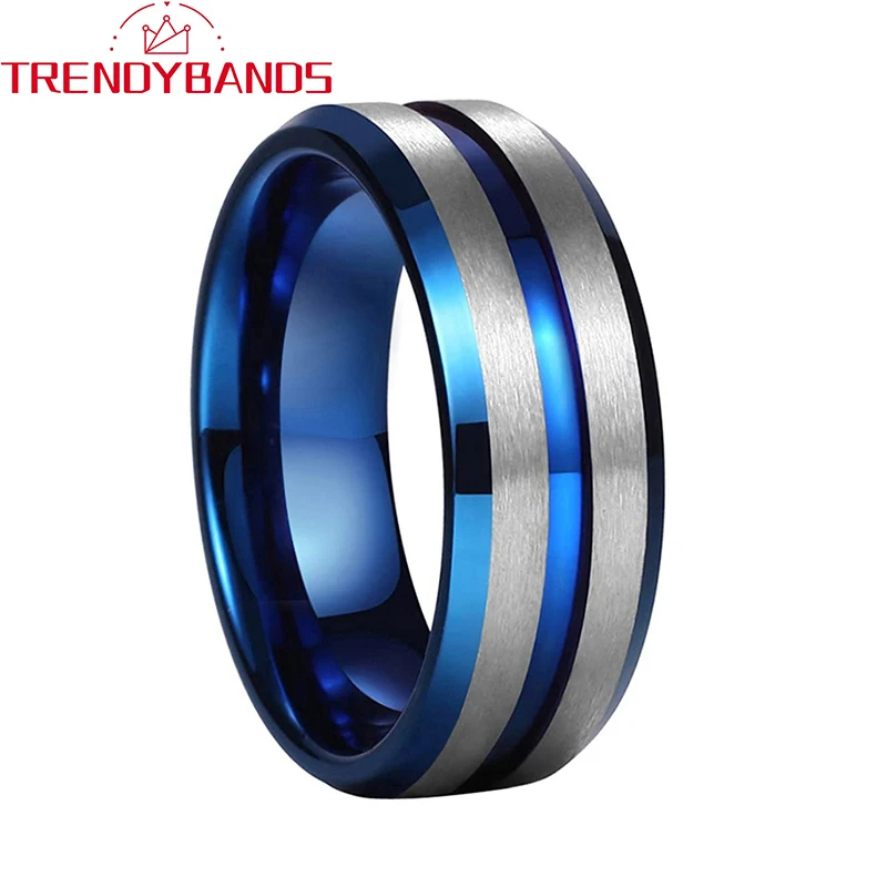 

Tungsten Rings For Men Women Wedding Band 8mm Blue Center Grooved Beveled Edges Matte Finish Comfort Fit