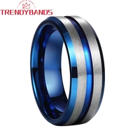 tungsten rings for men women wedding band 8mm blue center grooved beveled edges matte finish comfort fit