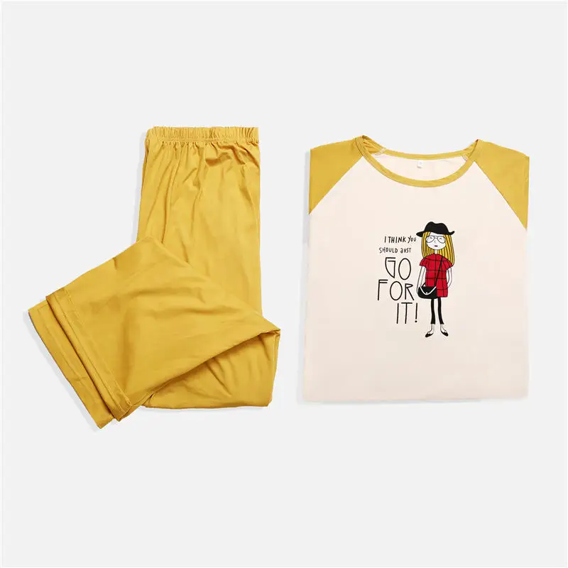 L-4XL милый пижамный комплект с героями мультфильмов, нижнее белье с печатью, длинные штаны с короткими рукавами, комплект для сна для женщин, пижамы для девочек больших размеров