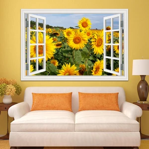 Wall decor  living room decoration kitchen fake Window Stickers Sunflower Snowscape 3D window view wall poster wall art