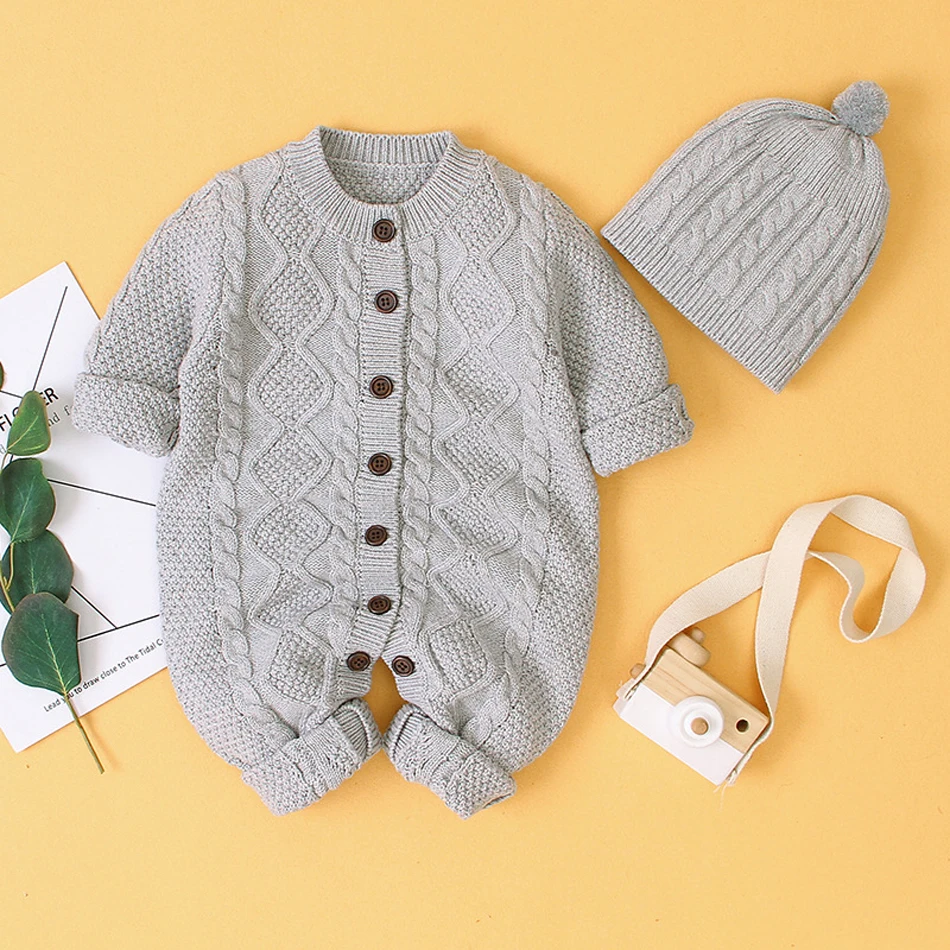 

Baby Rompers Long Sleeve Infant Boys Girls Jumpsuits Clothes Autumn Solid Knitted Newborn Toddler Kids Overalls 3-24M