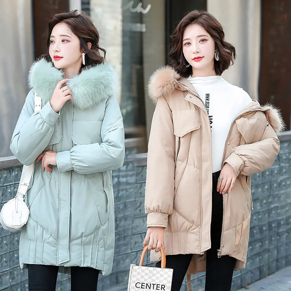 GRELLER 2021 Winter Jacket Parkas Women Solid Black White Female Down Cotton Coat Winter Loose Fur Hooded Women's Long Clothing