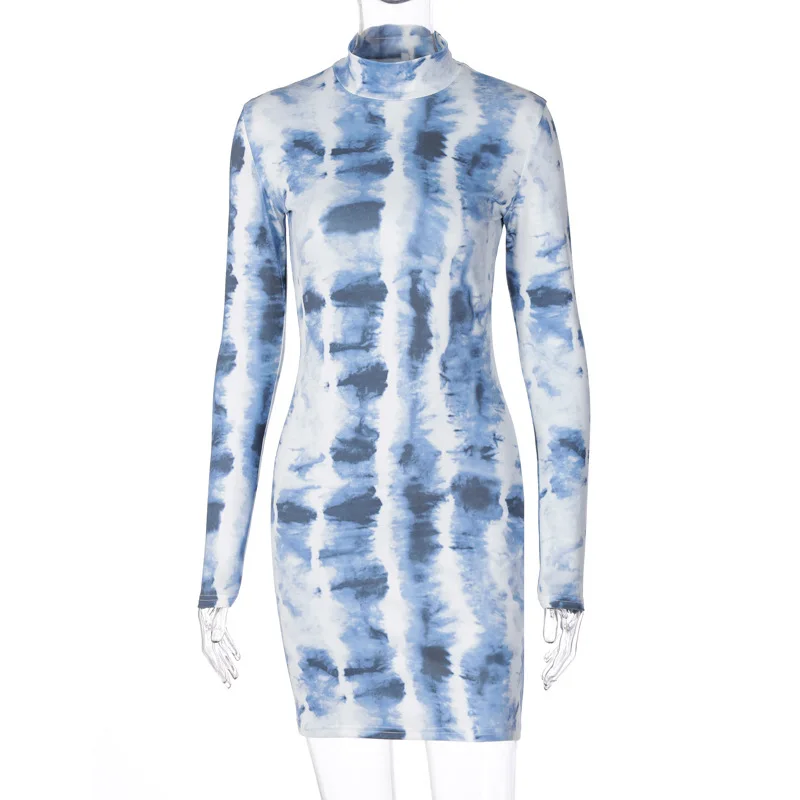 

Zoctuo Long Sleeve Bodycon Sexy Club Dress Tie Dye Women Mini Dress High Neck Streetwear Party Elegant Slim 2020 Autumn Dresses