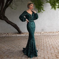 dark green sequin mermaid evening dress puff sleeves v neck sweep train open back celebrity party gowns prom dresses