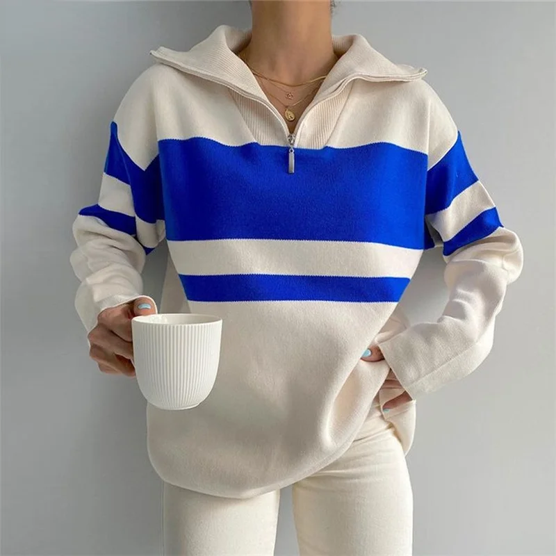 

Striped Knit Sweaters Zip Up Long Sleeve Casual Loose Jumper Autumn Winter Knitted Oversize Pullover Women Tops 2021