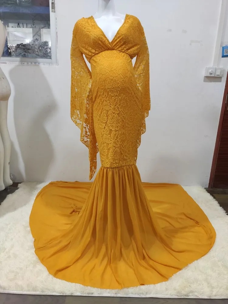 

Maternity Flared Sleeves Long Tailing Wedding Lace Dresses Shoot Photo Props Pregnant Women Pregnancy Maxi Gown Mermaid Clothes
