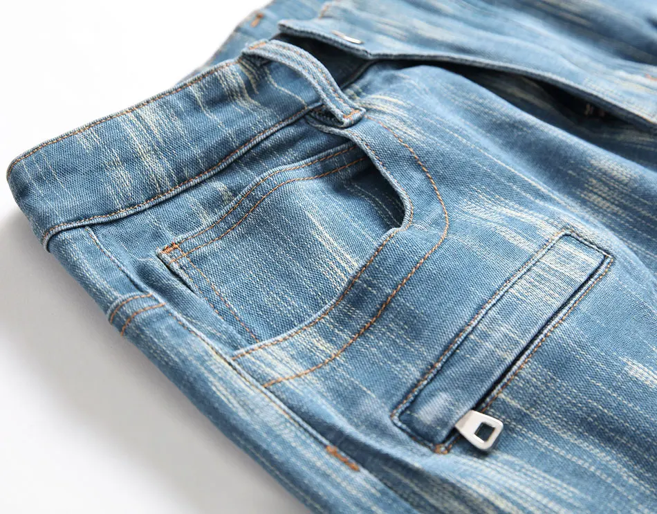 Male Folds Denim Pants Mens White Slim Fit Stripe Pencil Jeans Stretch Biker Trousers Men Hip Hop Streetwear Pant Hommes | Мужская