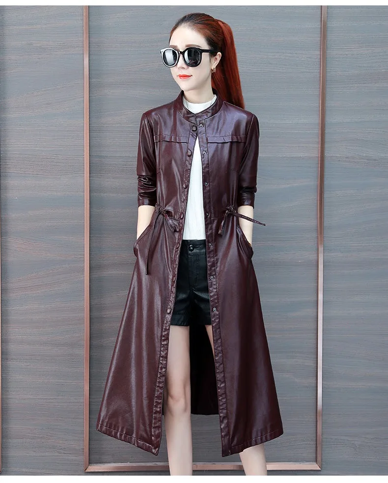 Vangull leather кожаная куртка женская мода тонкий ремень Длинная женская куртка PU мотоциклетная осенне-зимняя верхняя одежда шикарное пальто