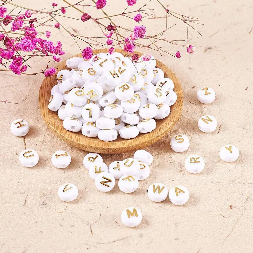

200pcs 10mm Acrylic Letter Beads In White Gold Letter Shape Flat Round Letter Beads For Jewelry Bracelets Necklace DIY Making