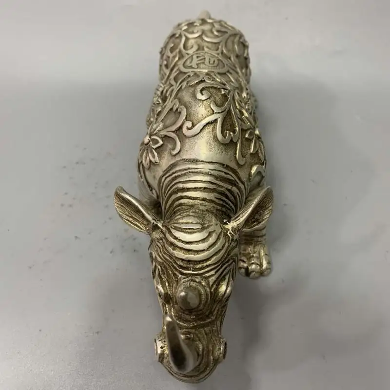 Китайский Фэншуй Серебряный Медь резьба благоприятный зверь Kirin Статуэтка