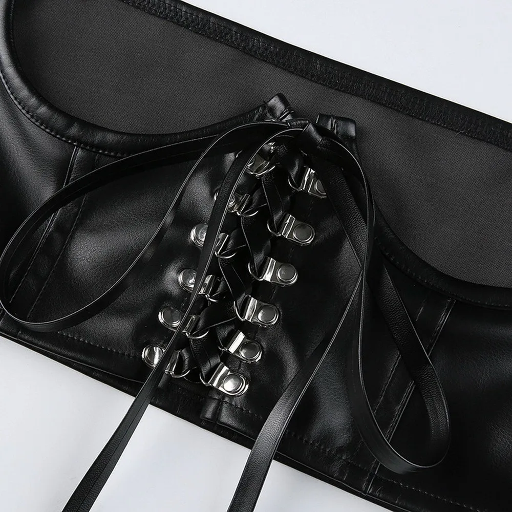

Weirdo 2021 Gothic PU Leather Corset Women Lace Up Crop Top Punk Style Corselet Wear Out Bustiers Cummerbunds Tops Streetwear
