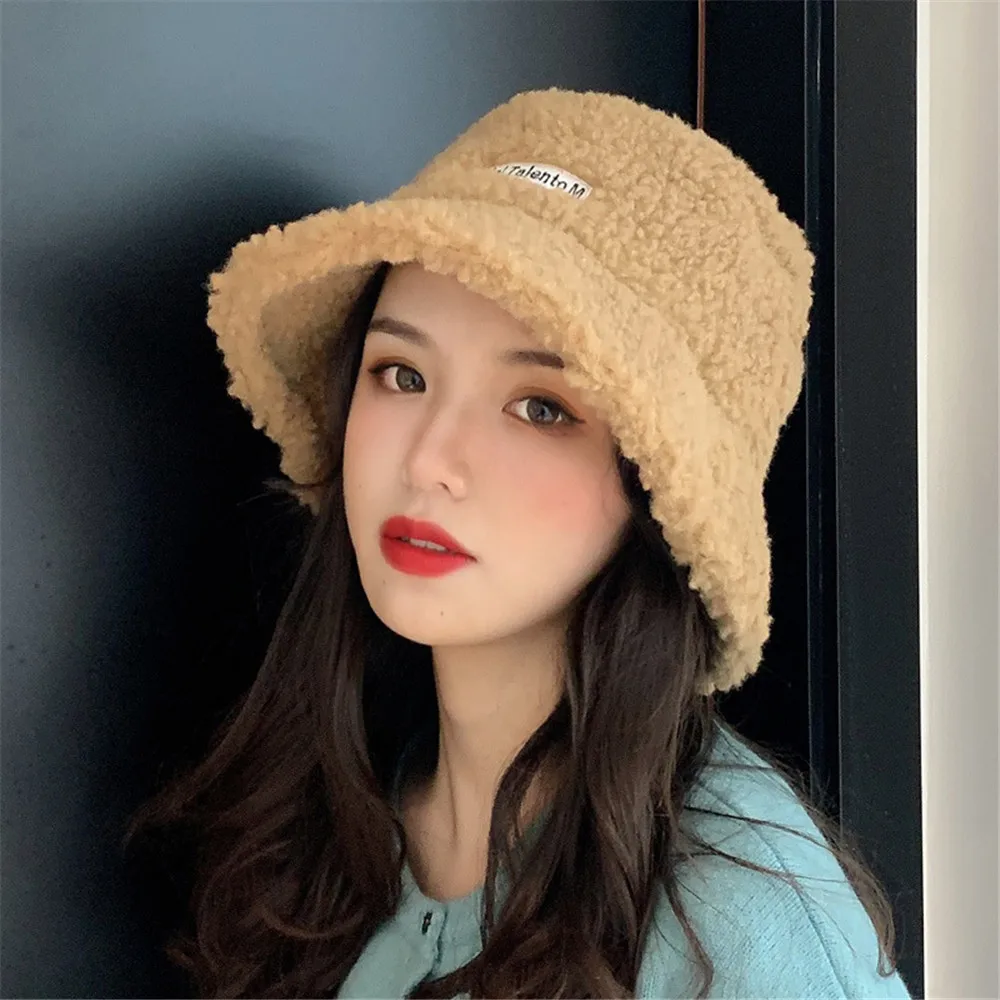 2021 Korean Hat Fisherman Hat Female Autumn and Winter Fashion Tide Imitation Lamb Plush Wild Warm Pot Hat Plus Velvet Net Red