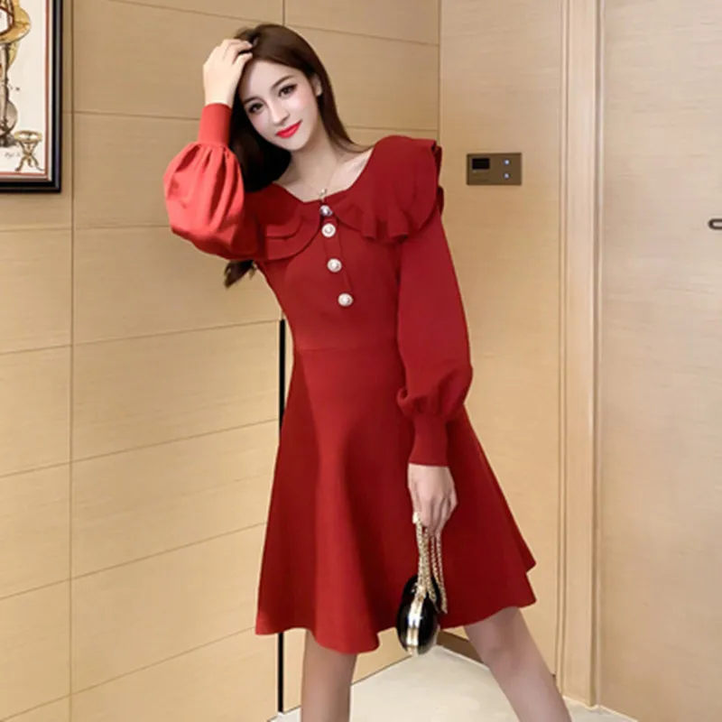 2020 новое осенне зимнее винтажное трикотажное платье с кукольным воротником для