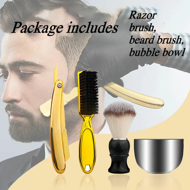 4pcs/set razor brush beard comb stainless steel bubble bowl barber tool manual classic razor gift Hairdressing manual shaver