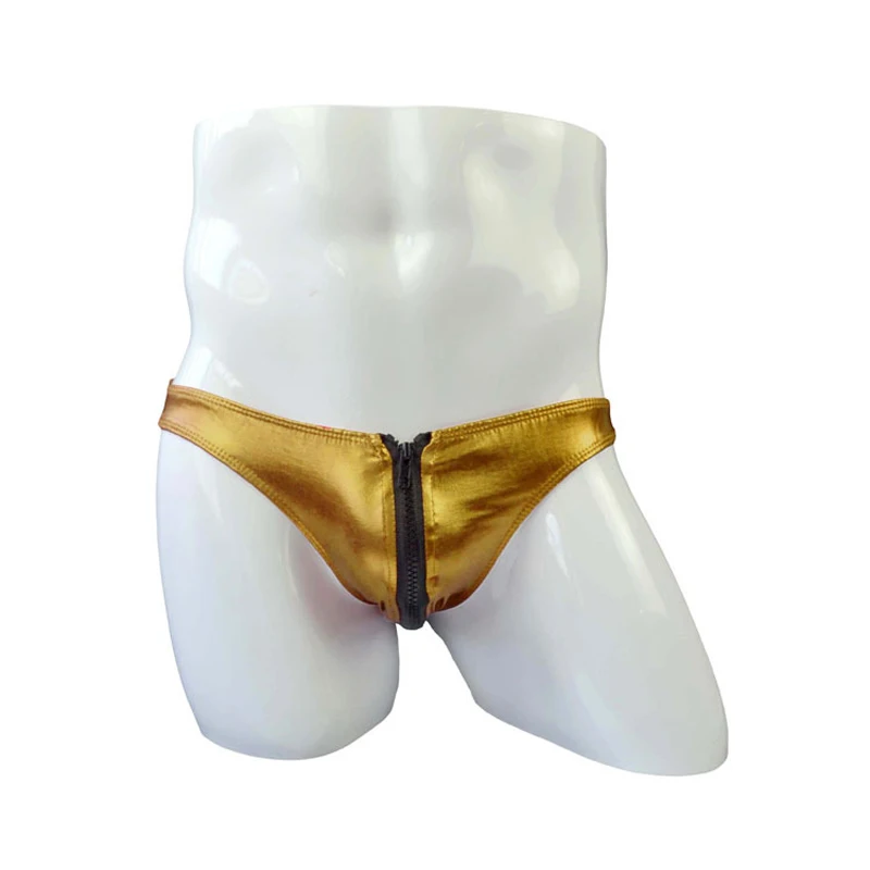 

Men sexy underwear patent leather panties imitation leather double-headed zipper briefs PU open file breathable sexy temptation